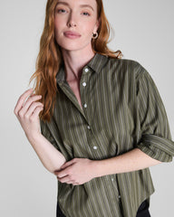 SPANX® Poplin Oversized Button-Up Shirt | Dark Pine Multi Stripe