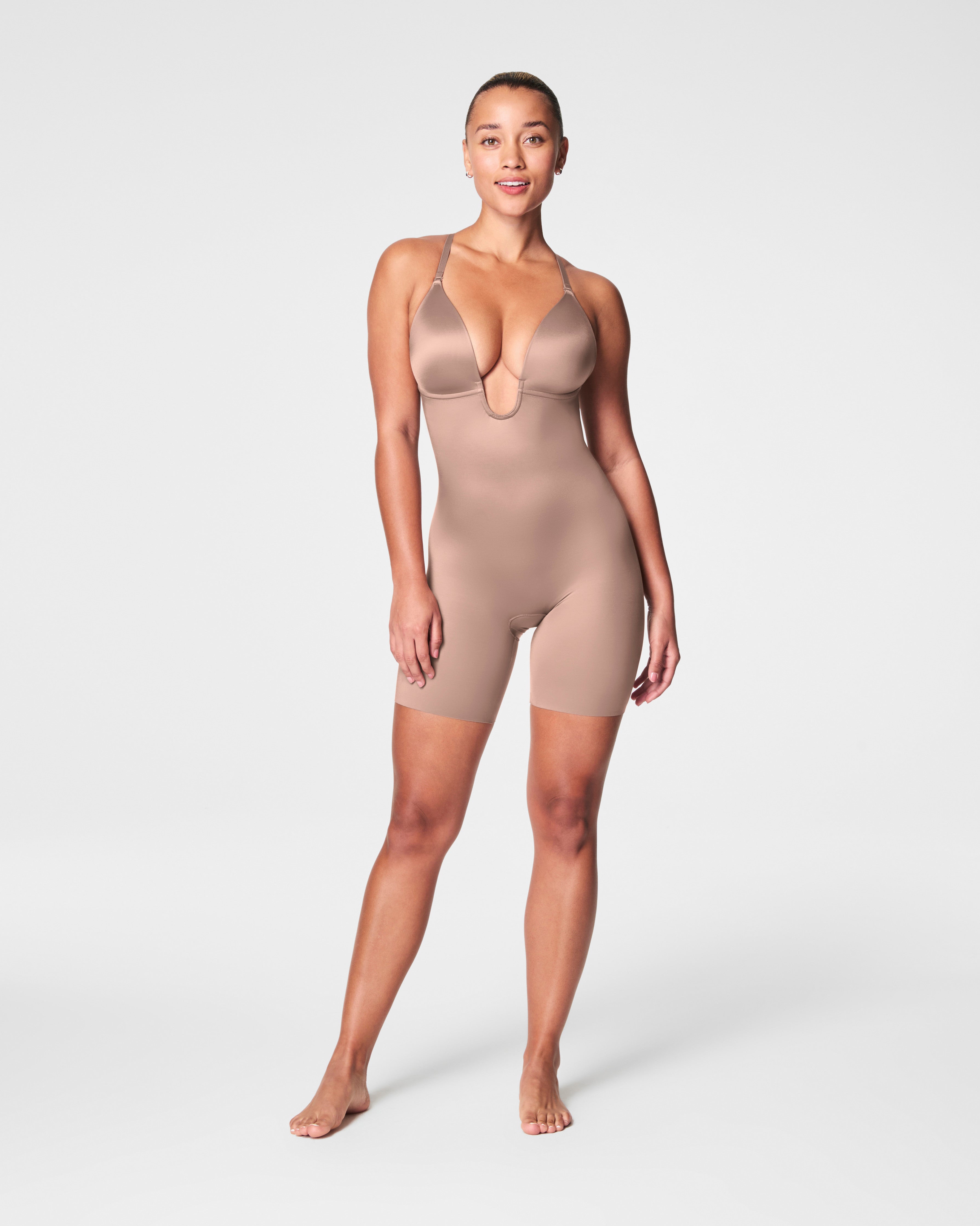 SPANXshape™ Suit Your Fancy Plunge Low-Back Mid-Thigh Bodysuit | Cafe Au Lait
