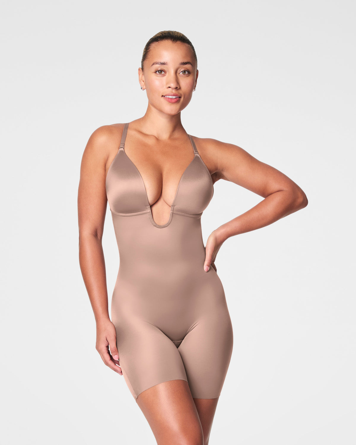 SPANXshape™ Suit Your Fancy Plunge Low-Back Mid-Thigh Bodysuit | Cafe Au Lait
