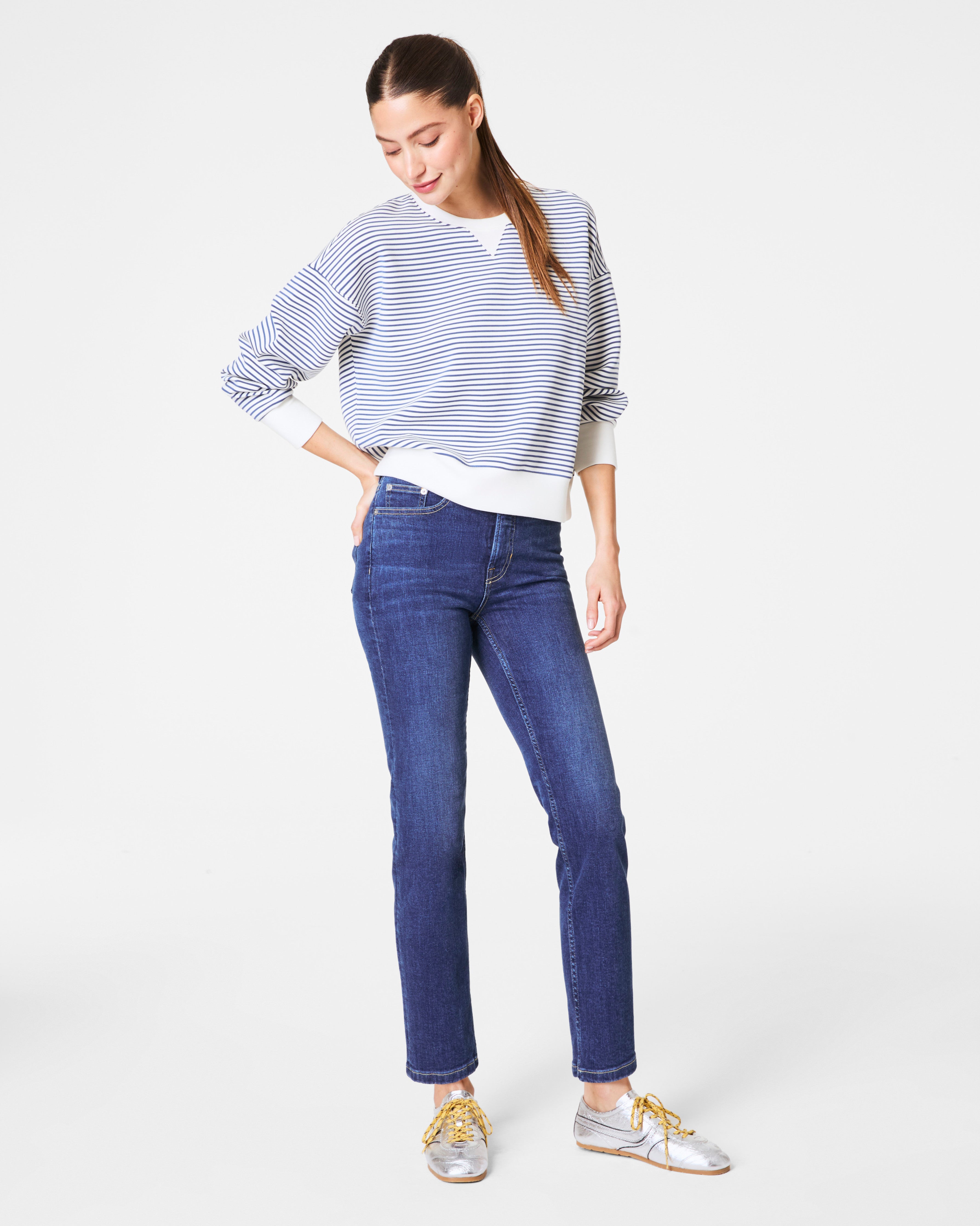 SPANX AirEssentials® Striped Crewneck | Faded Indigo Stripe