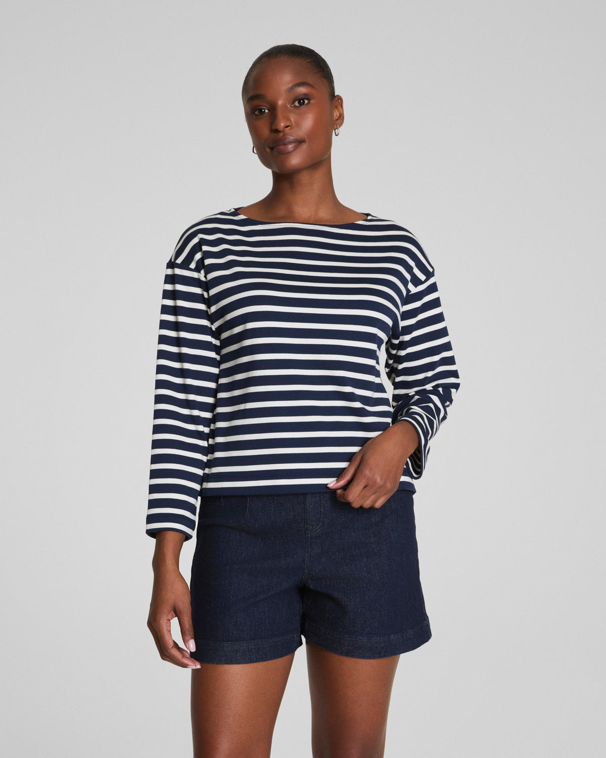 SPANX® Cotton Boatneck Top | Ivory/Timeless Navy