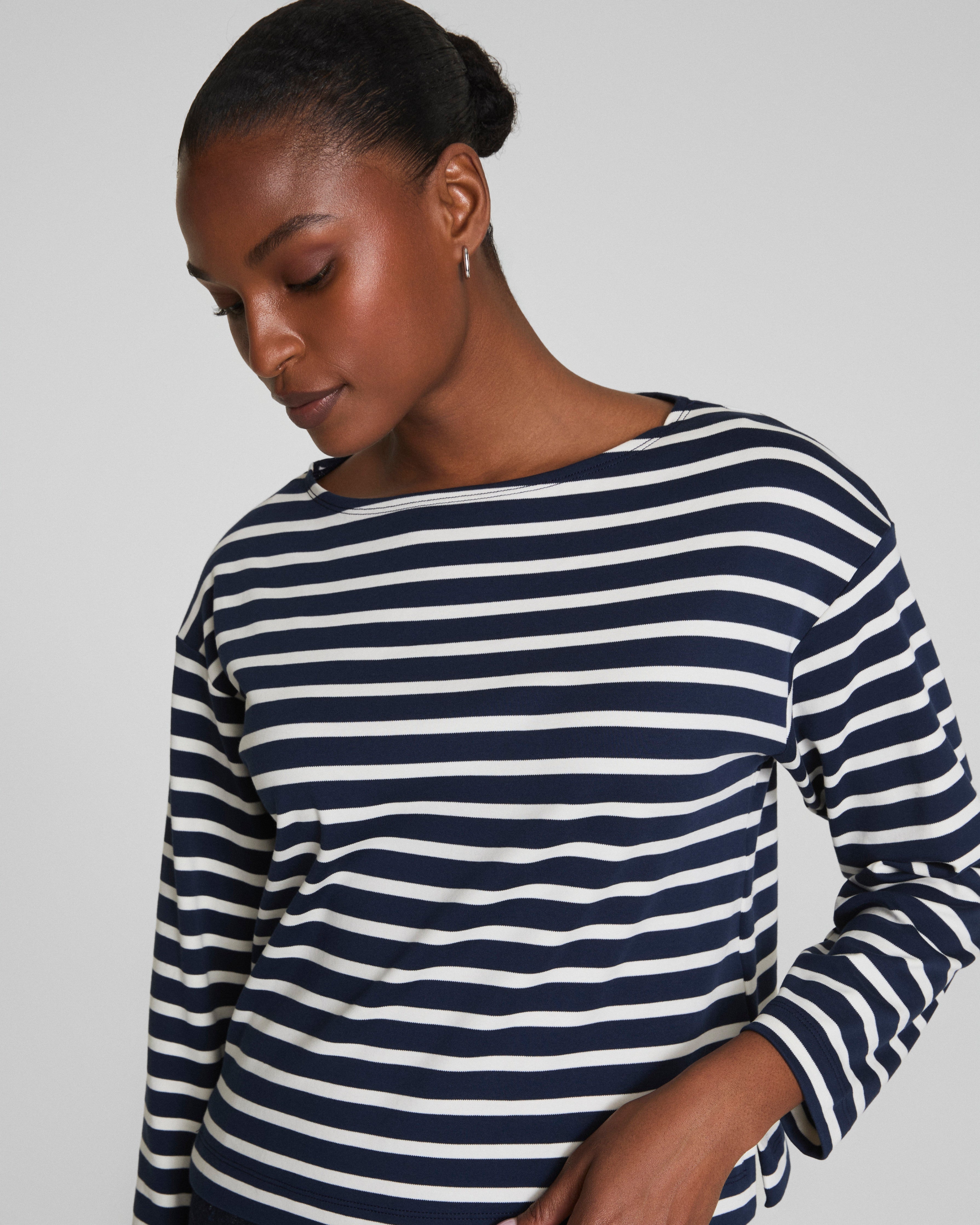 SPANX® Cotton Boatneck Top | Ivory/Timeless Navy