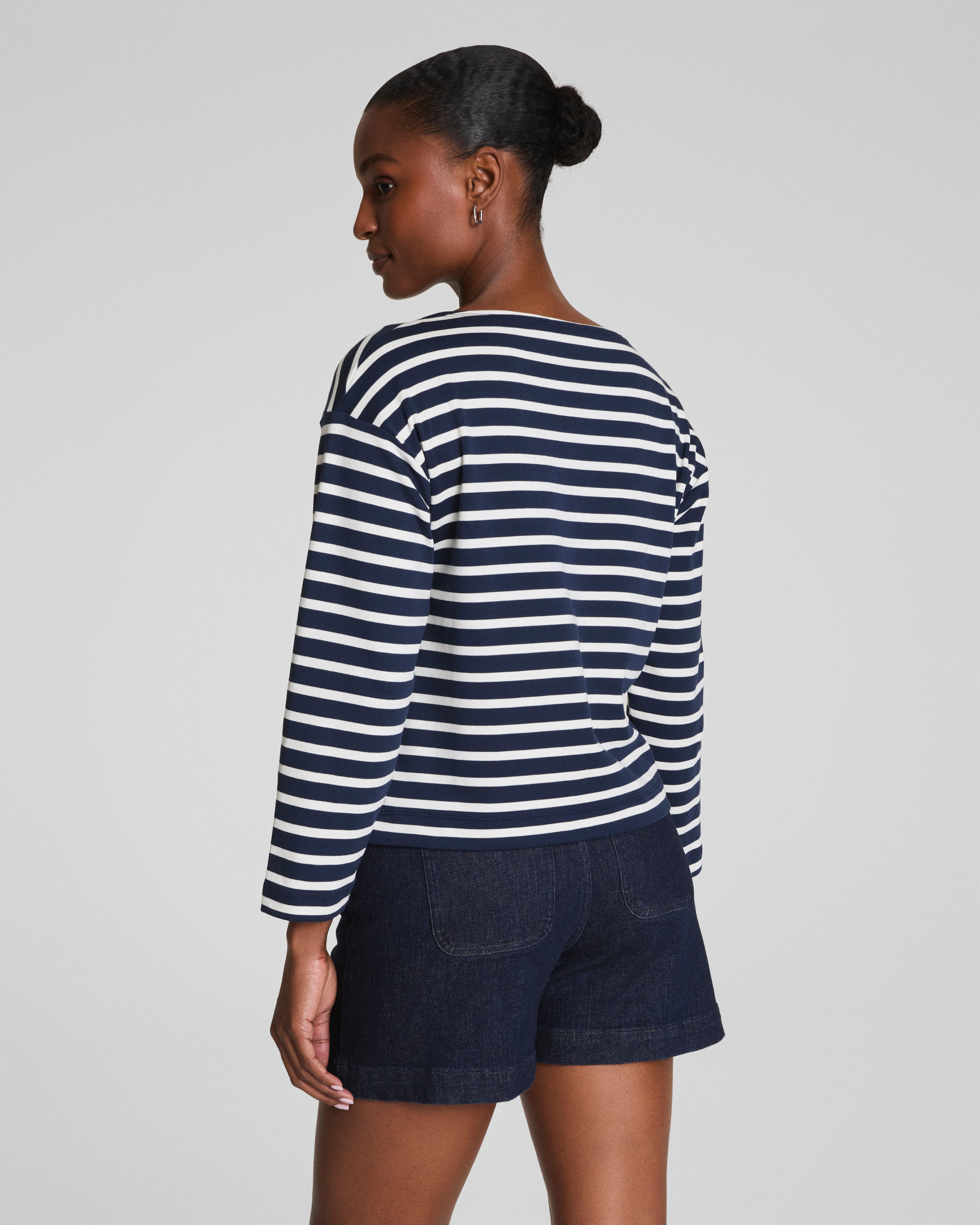 SPANX® Cotton Boatneck Top | Ivory/Timeless Navy