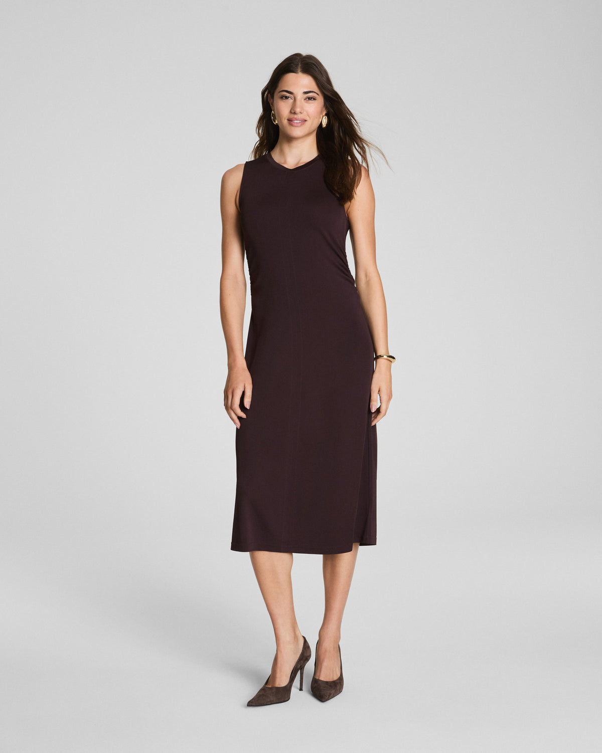 SPANX® Sleek Jersey Crewneck Ruched Midi Dress | Truffle Brown