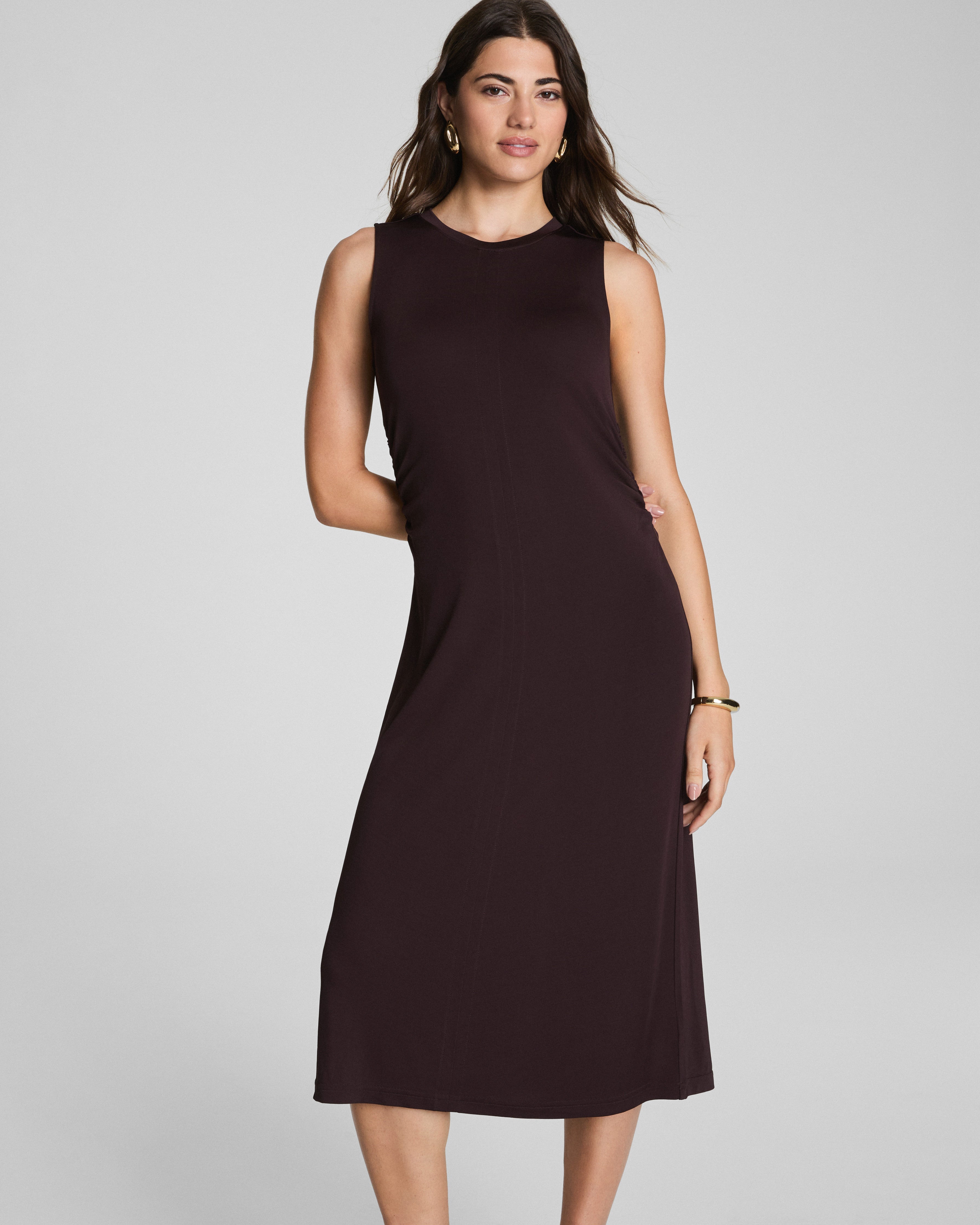 SPANX® Sleek Jersey Crewneck Ruched Midi Dress | Truffle Brown