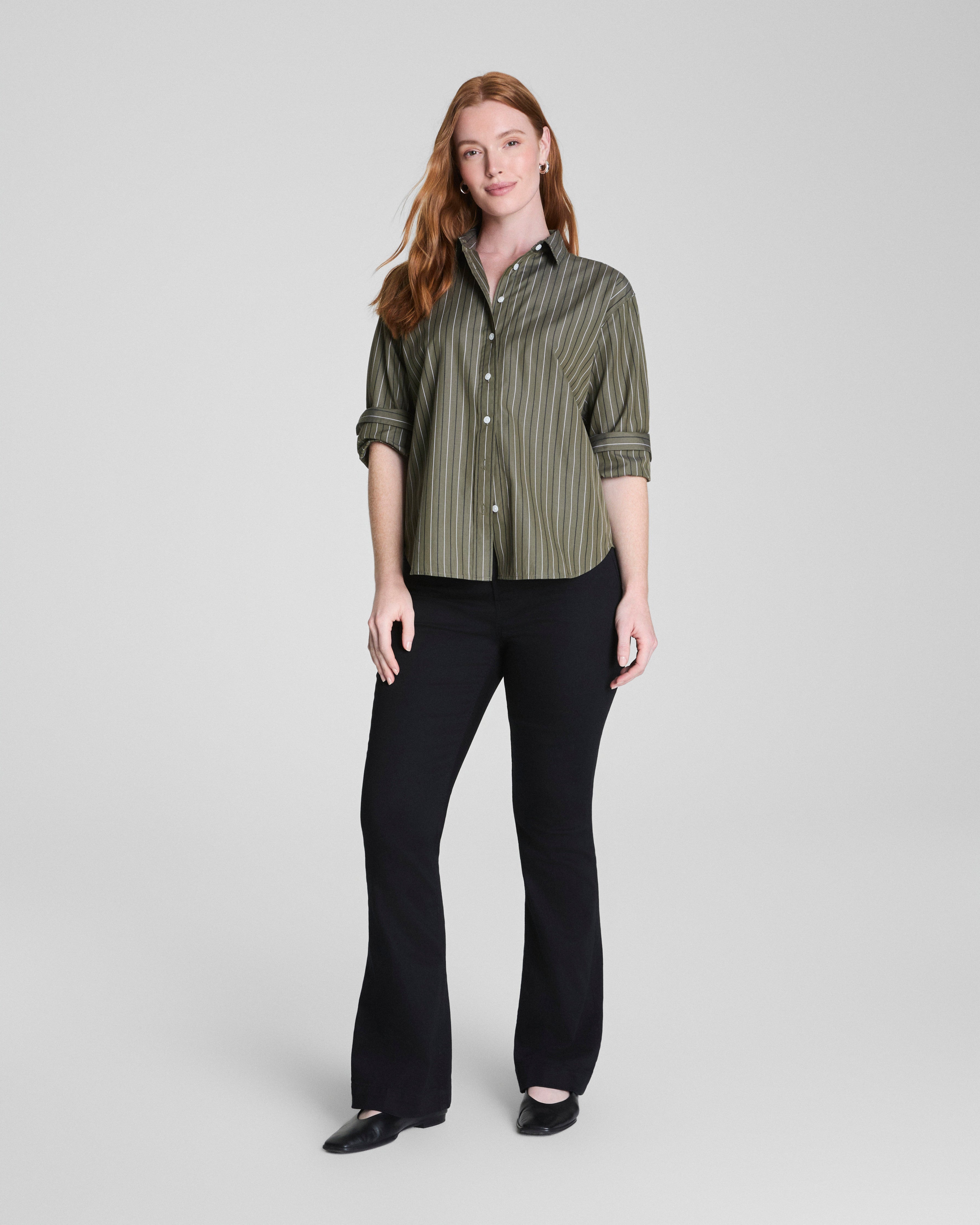 SPANX® Poplin Oversized Button-Up Shirt | Dark Pine Multi Stripe