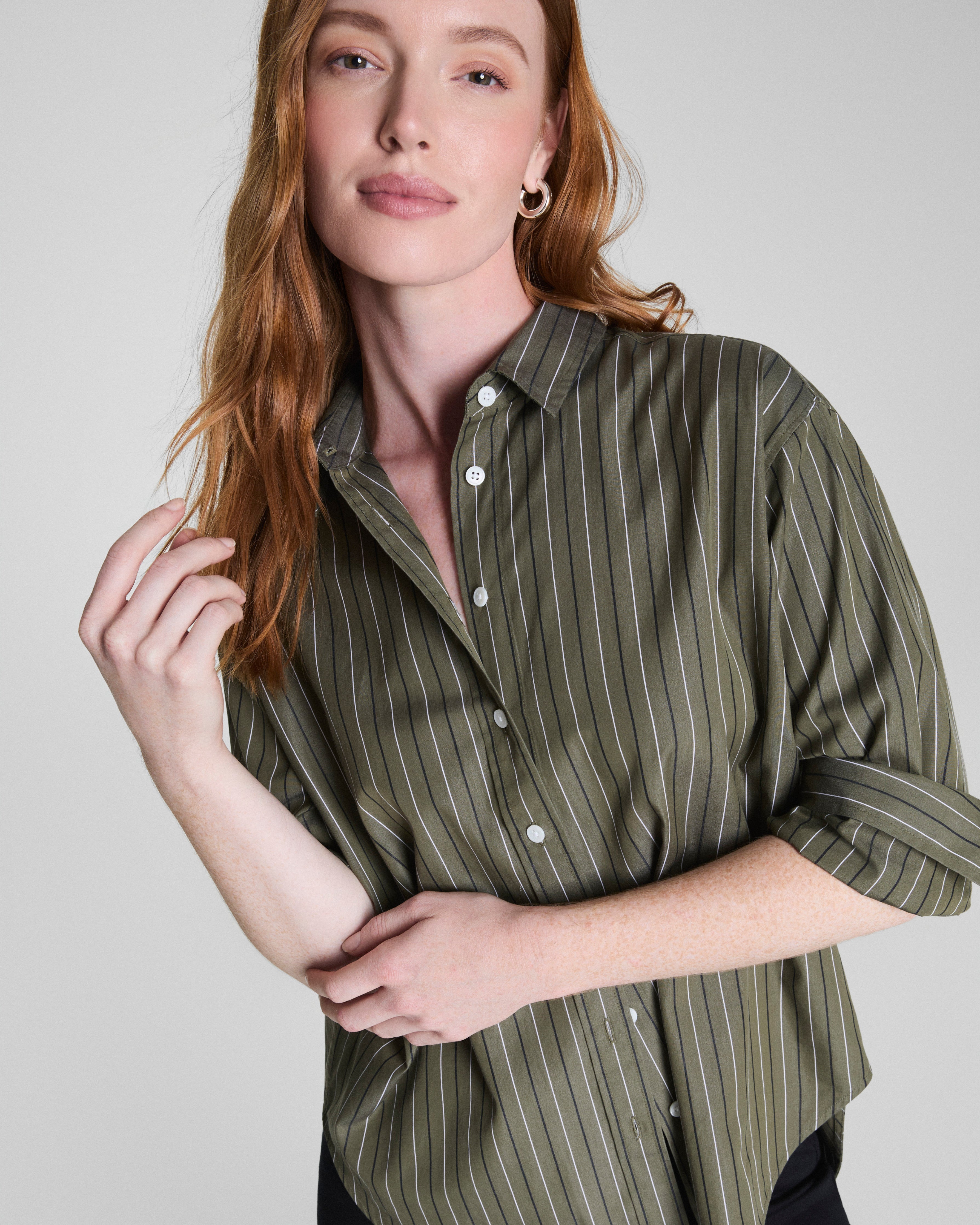 SPANX® Poplin Oversized Button-Up Shirt | Dark Pine Multi Stripe