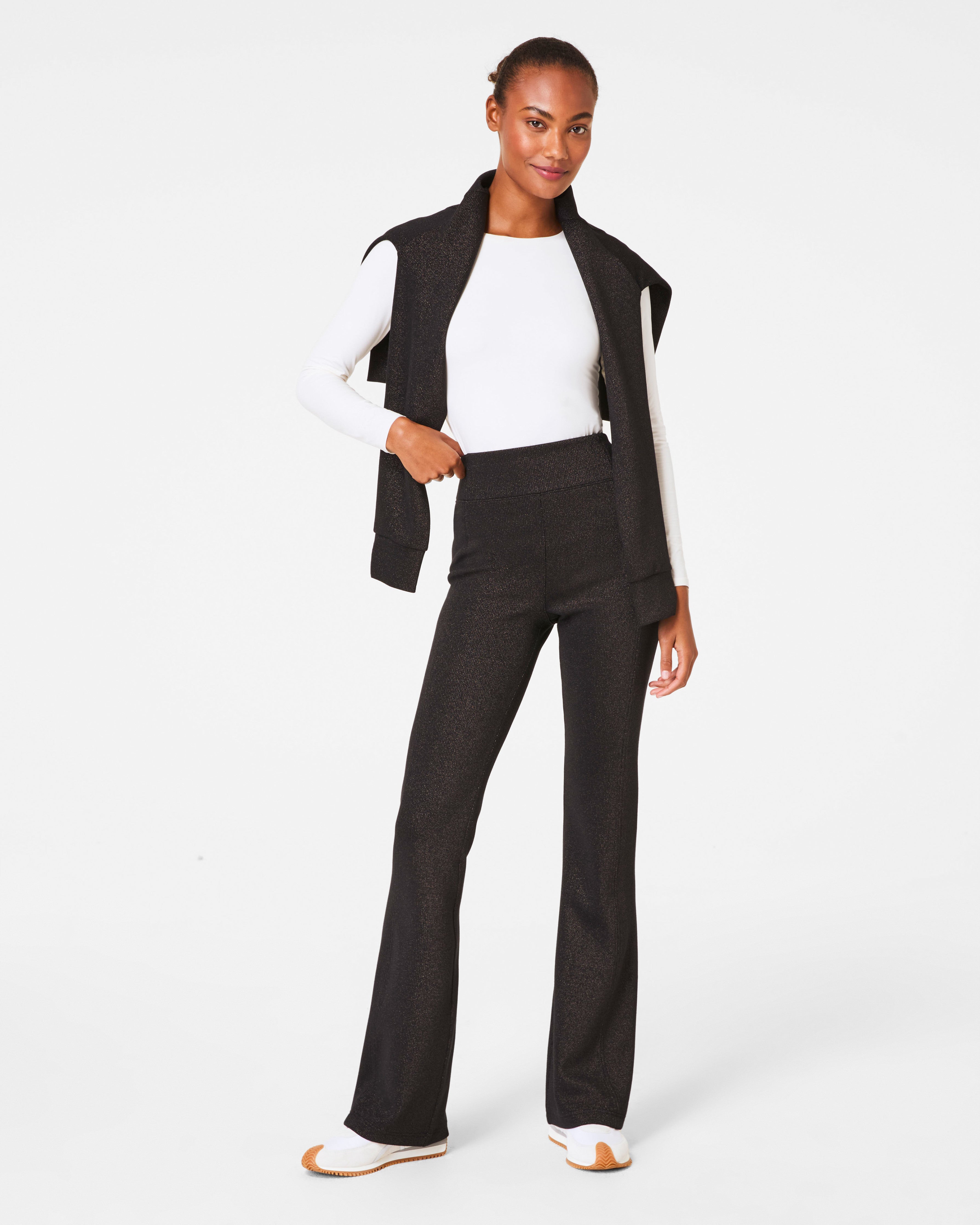 SPANX AirEssentials® Slim Flare Pant with Shimmer | Very Black / Silver Shimmer