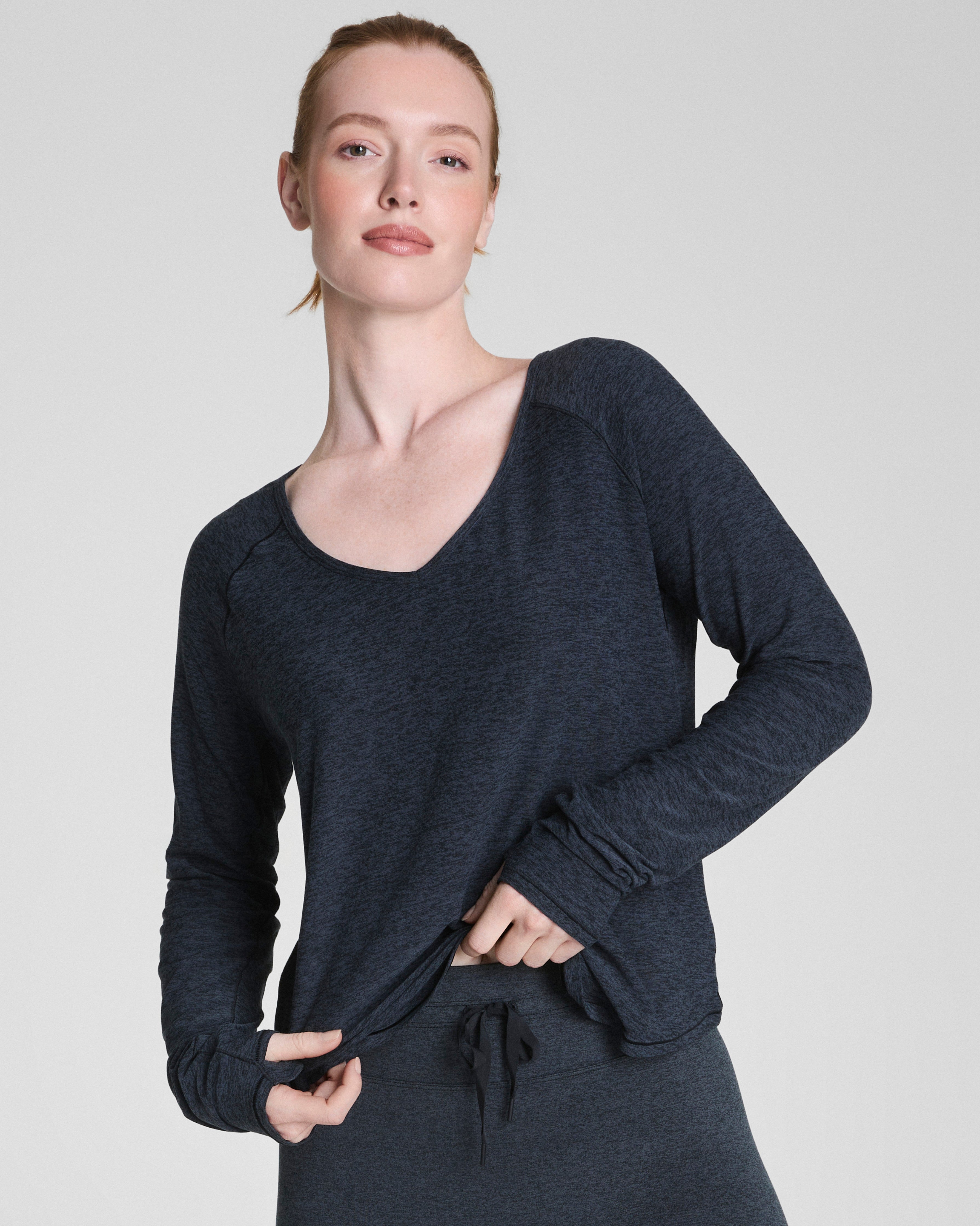 SPANX® SoftStretch Long Sleeve V-Neck Top | Very Black / Light Very Black