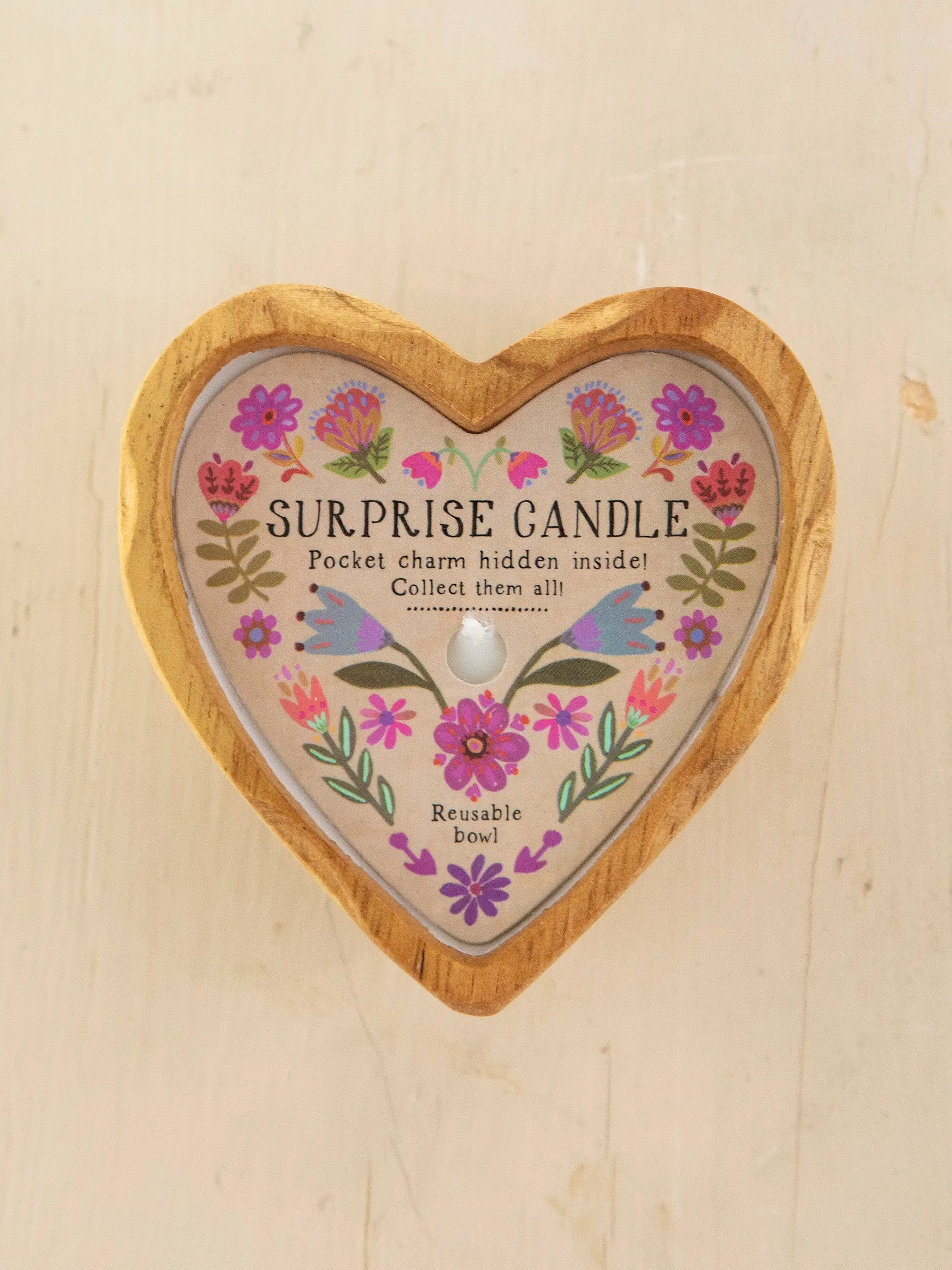 Wooden Heart Surprise Candle - Folk Flower