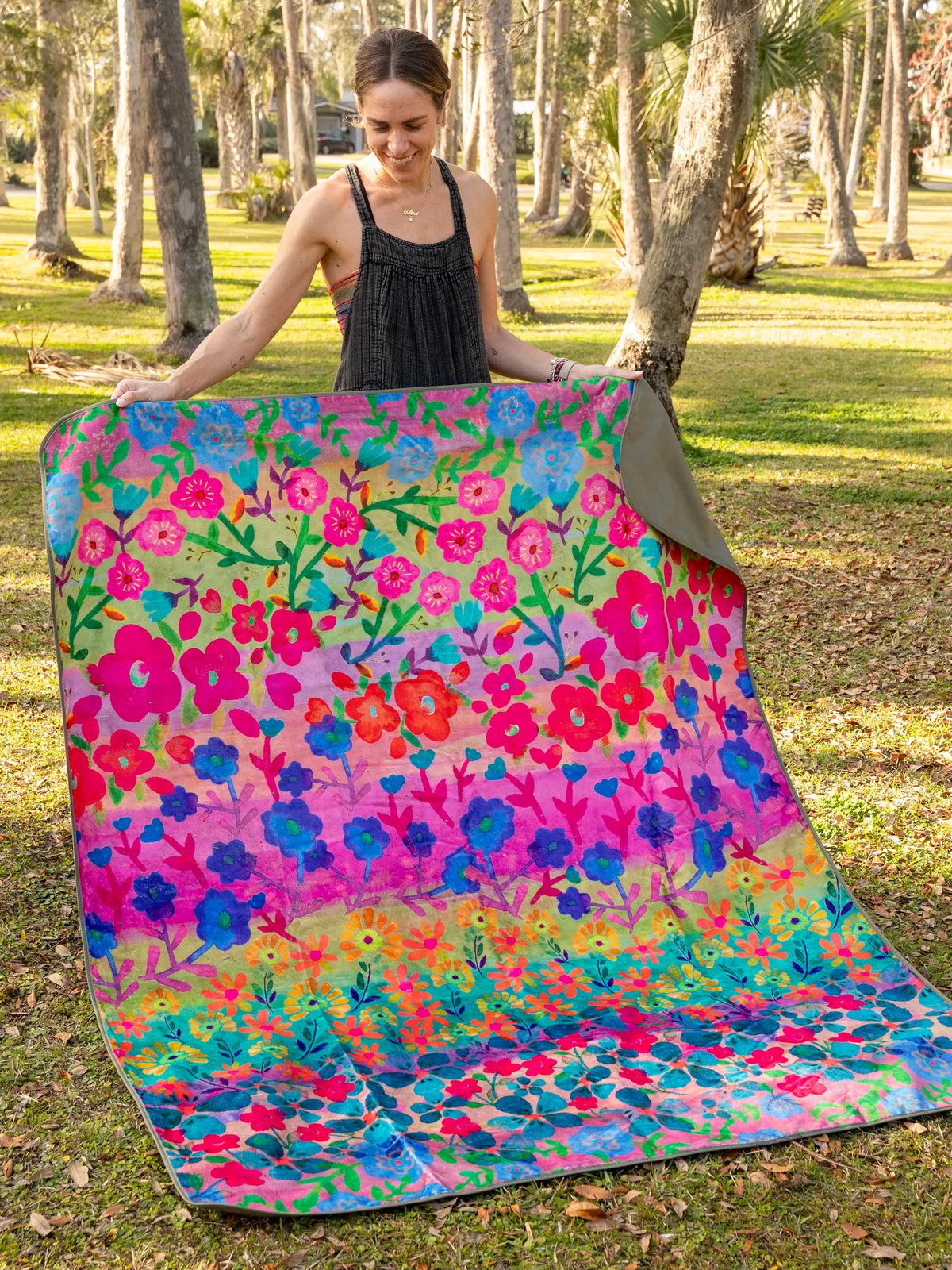 XL Water Resistant Picnic Blanket - Rainbow Floral Rows