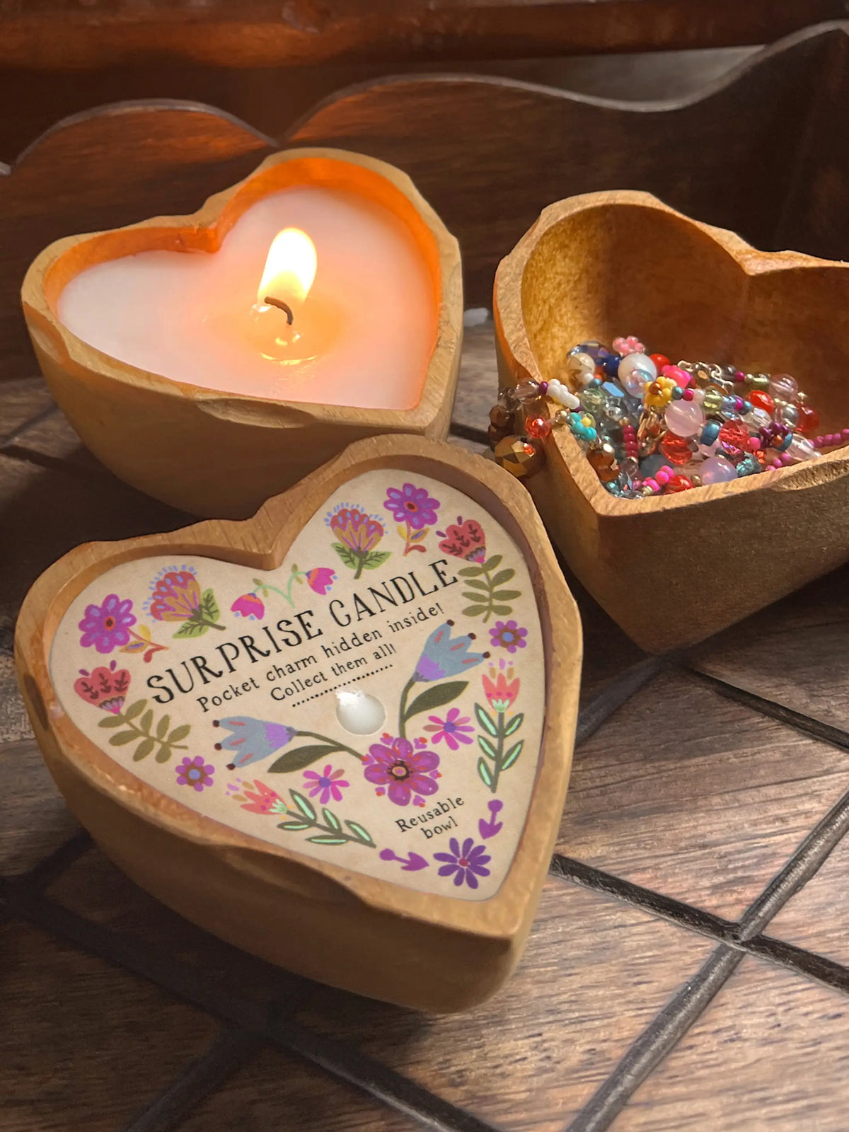 Wooden Heart Surprise Candle - Folk Flower